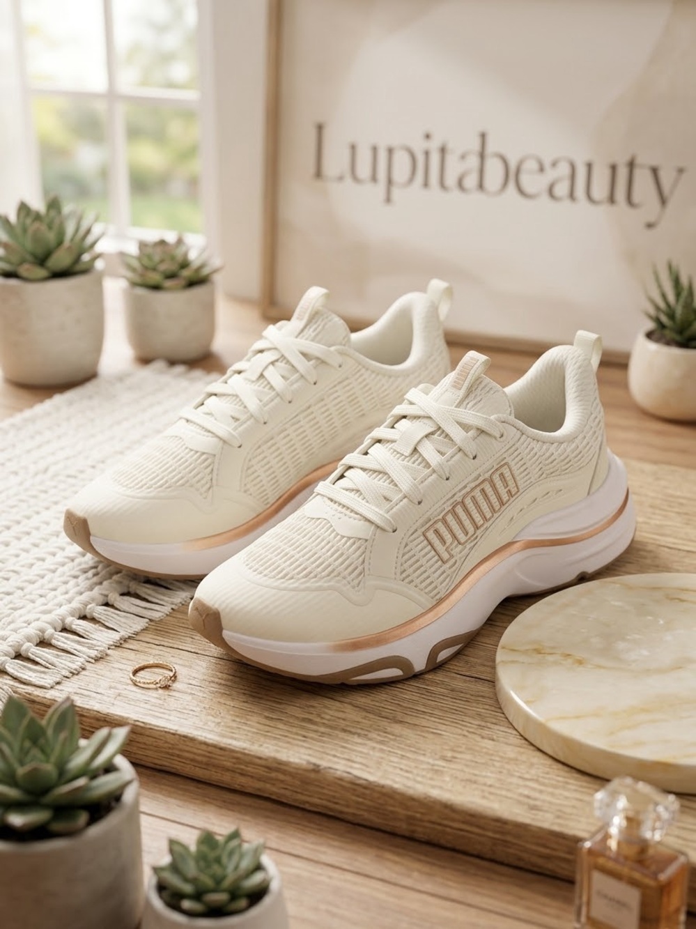 Puma Women’s Cream Sneakers with Rose Gold Trim